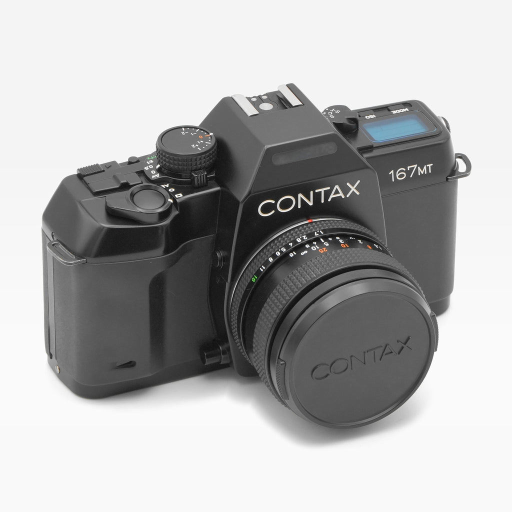 Contax 167MT 35mm film camera, angled with lens cap