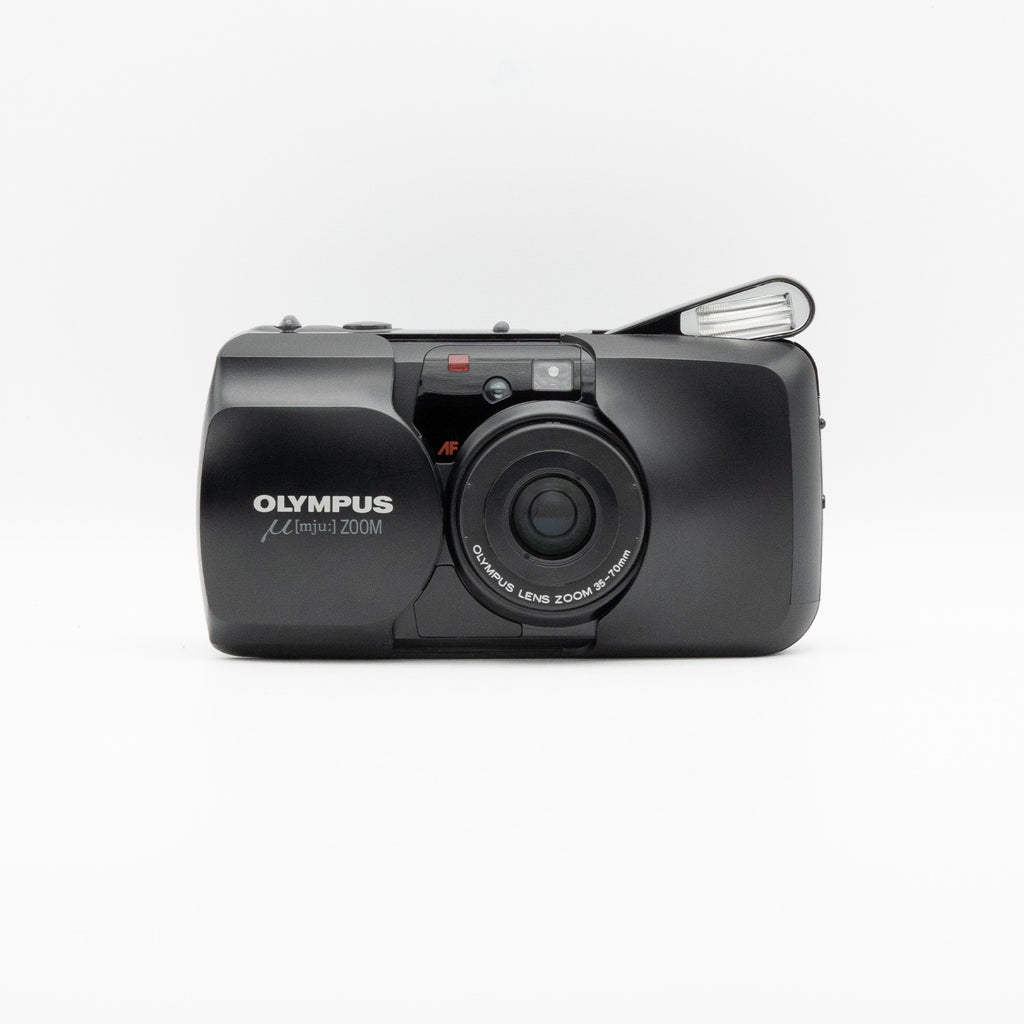 Olympus Mju Zoom front, 35-70mm zoom lens and pop-up flash