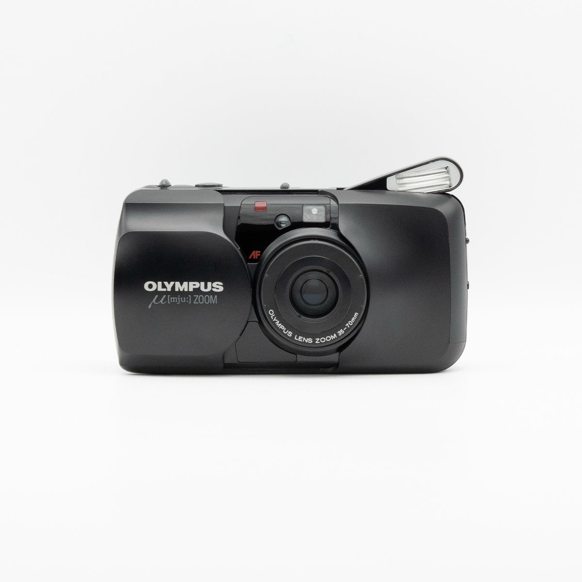 Olympus Mju Zoom front, 35-70mm zoom lens and pop-up flash
