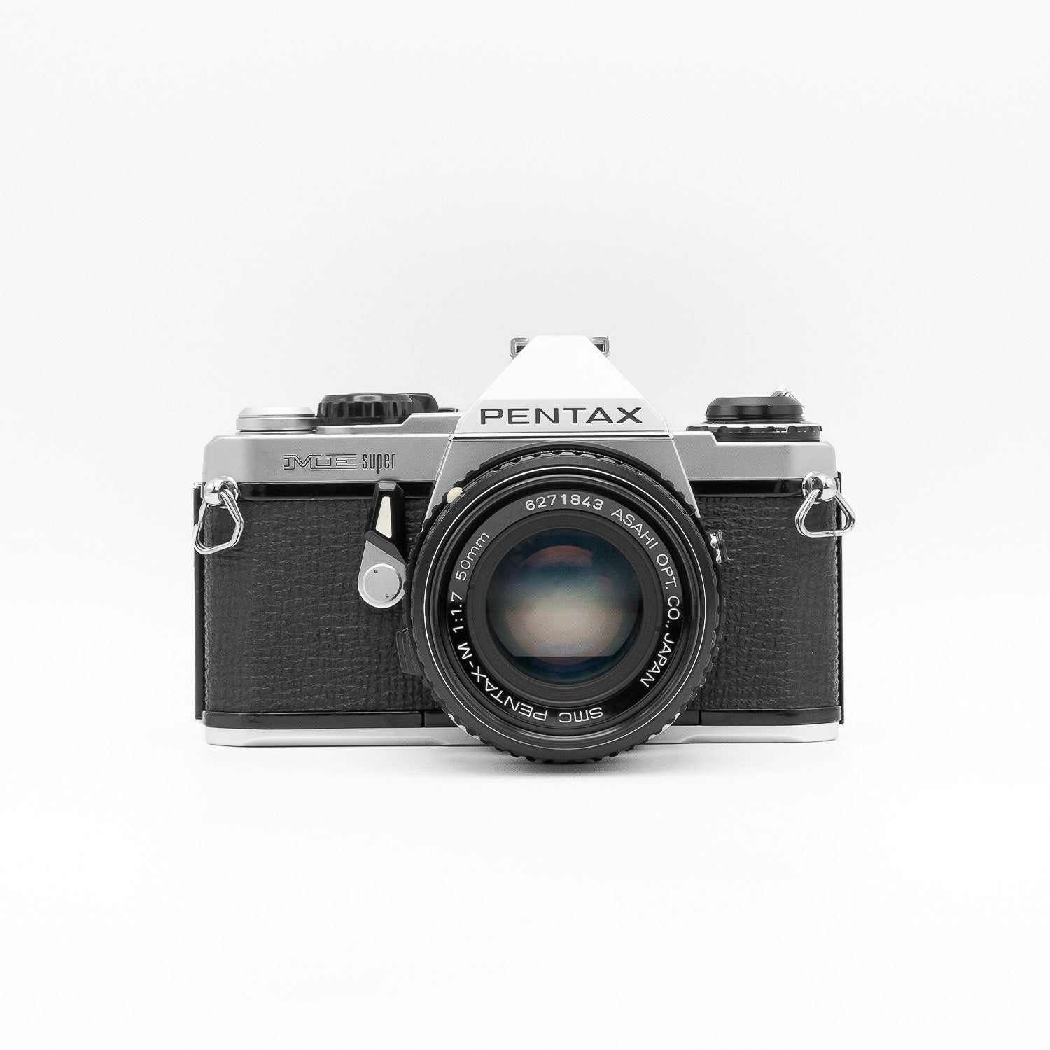 Pentax ME Super silver with SMC Pentax-M 50mm f1.7 lens front view