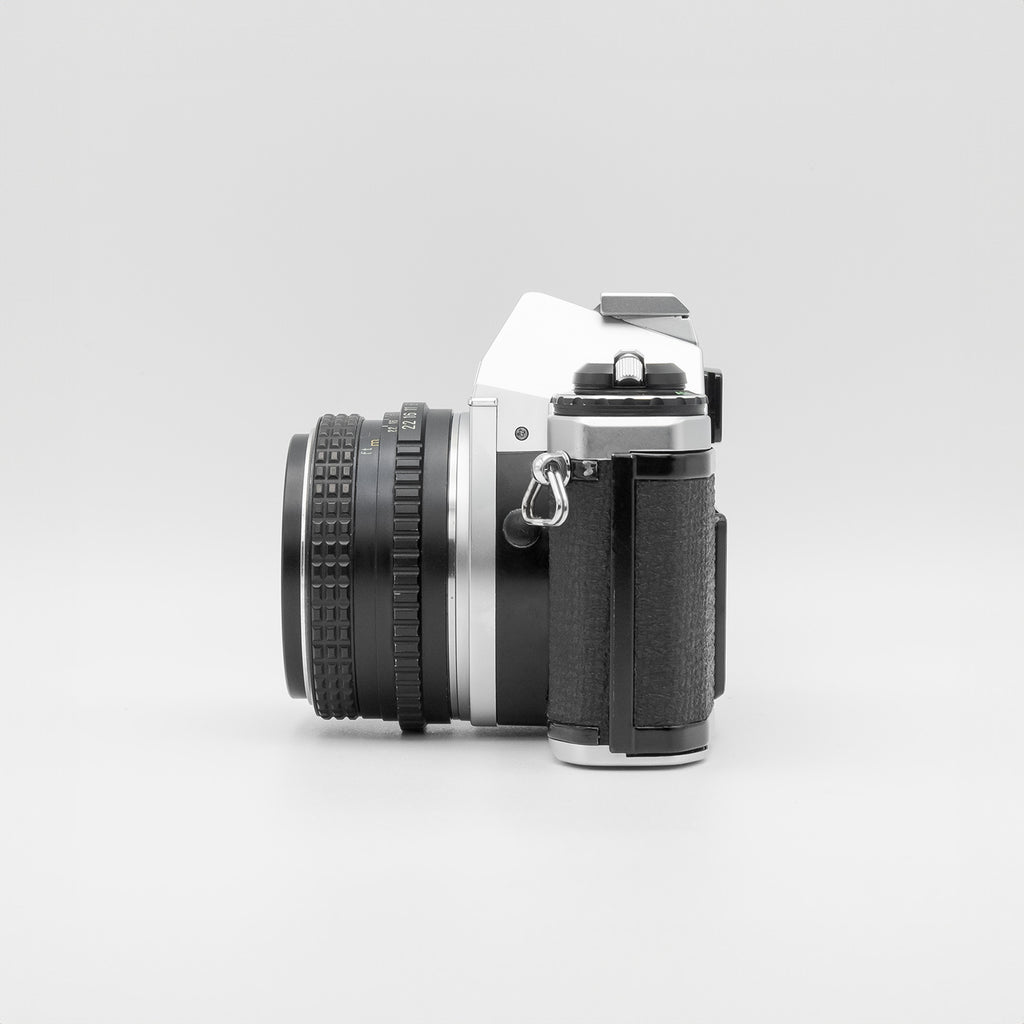 Pentax ME Super silver with SMC 50mm f1.7 side view