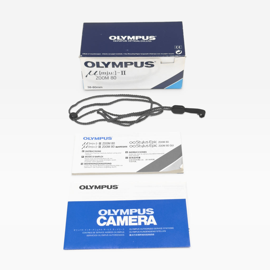Olympus Mju II Zoom 80 35mm film camera, box, strap and instructions