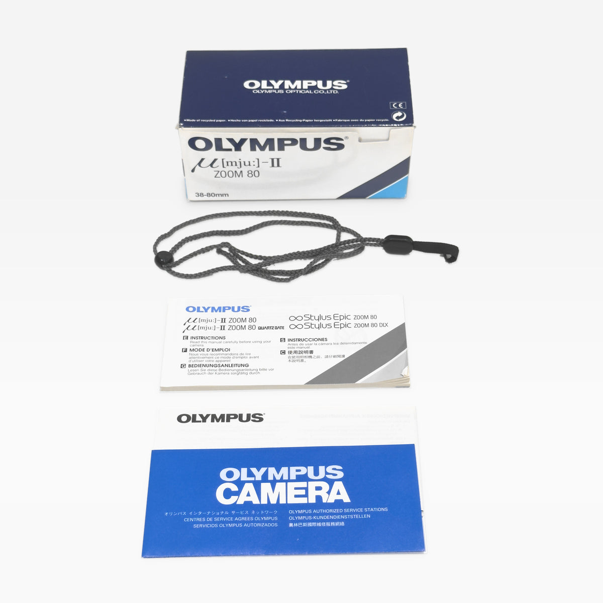 Olympus Mju II Zoom 80 35mm film camera, box, strap and instructions