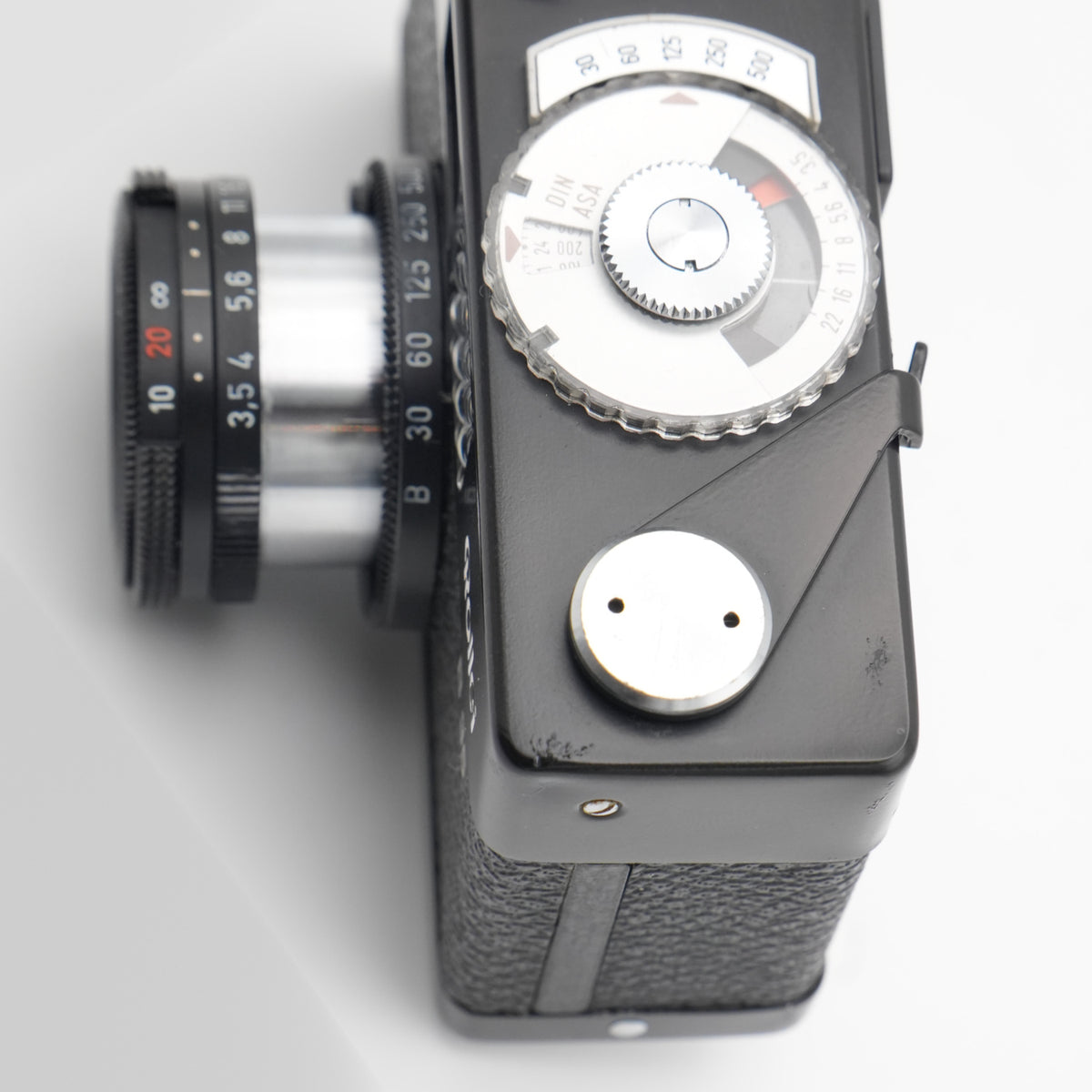 Rollei B35 35mm film camera, top plate close-up