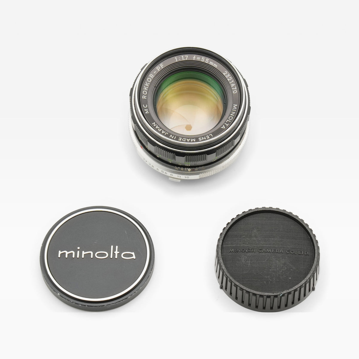 Minolta MC Rokkor-PF 55mm f1.7, with its caps